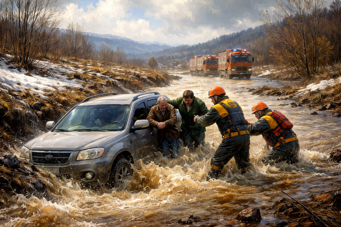 Автомобиль с тремя людьми застрял в талых водах в области Абай