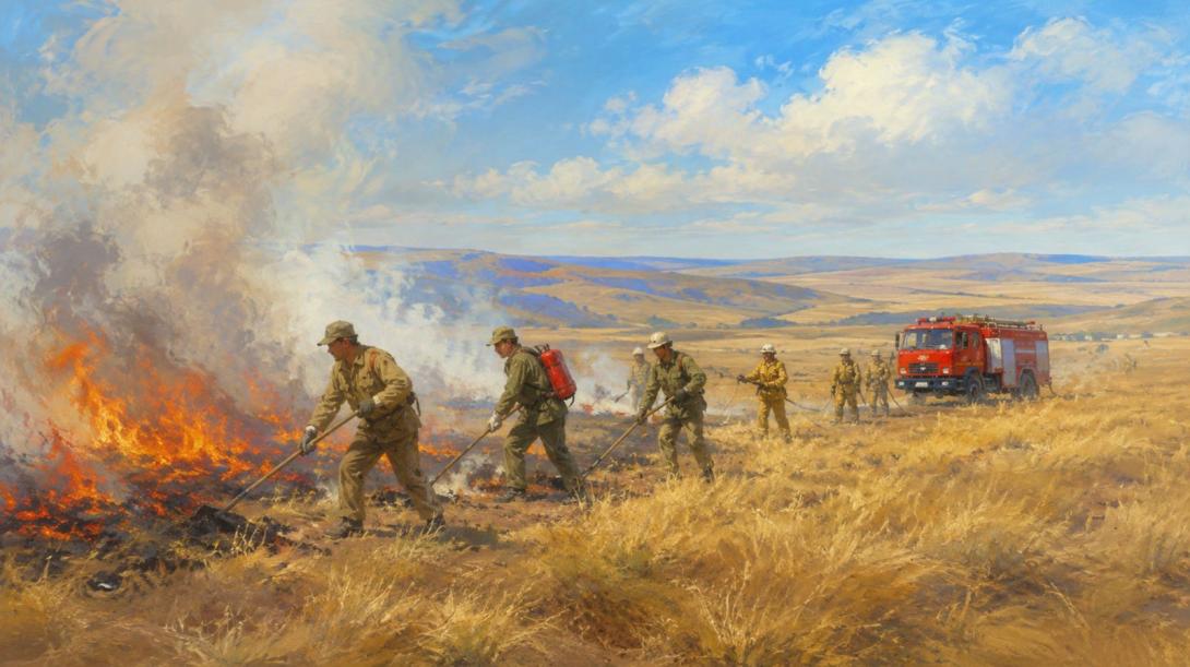Карагандинская область, Нуринский район, село Ахметауыл, Ауыл құтқарушылары, МЧС Казахстана, степное загорание, сухая трава